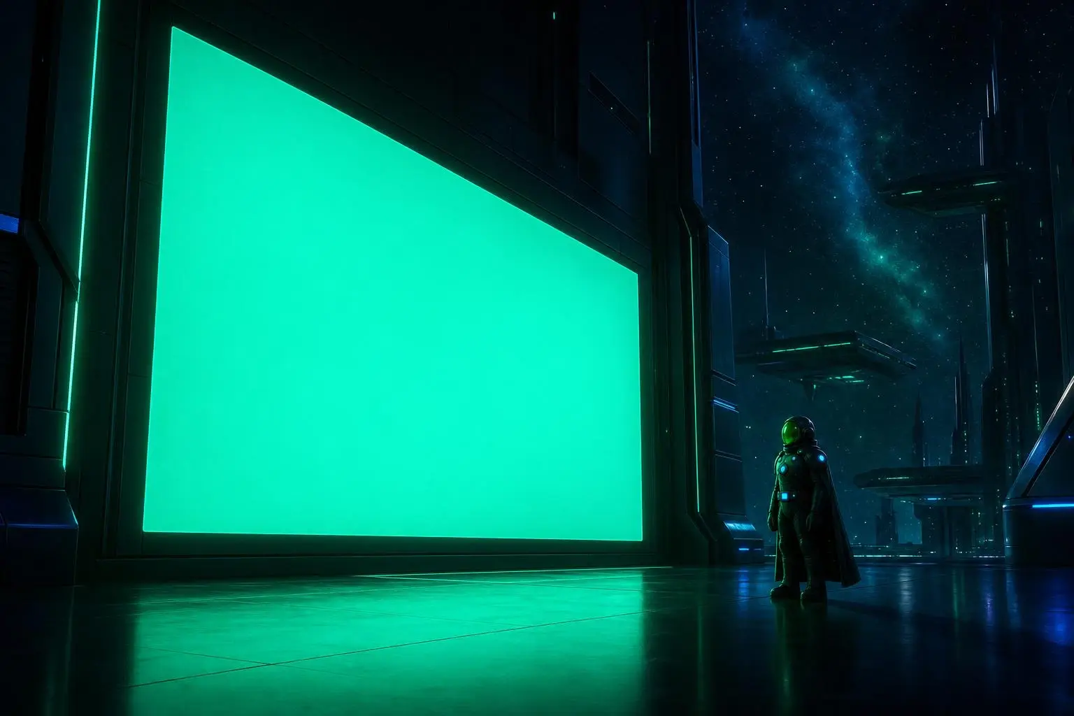 Quantulon on a floating platform in deep space, beside a colossal glowing panel running scenes from the game worlds